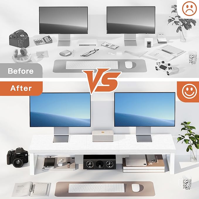 Dual Monitor Stand Riser, Large Computer Monitor Stand for 2 Monitors, Multi-Purpose Desk Organizers and Accessories, Wood and Steel Desk Shelf for Computer, Laptop, Printer, TV, White