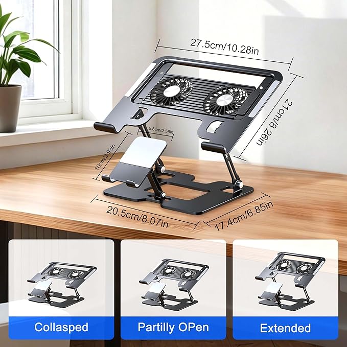 Ergonomic Foldable 2-in-1 Laptop Stand with Fans,Laptop Riser for Desk with Phone Holder,Computer Stand for Laptop,Sturdy and Portable Stand,Compatible with All Laptops and Phones Black