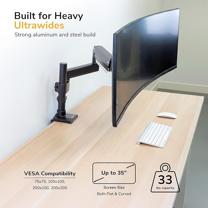 Mount-It! Ultrawide Monitor Arm, Heavy-Duty Gas Spring Desk Mount for 17??5??Curved Screens up to 33 lbs, Full Motion Height Adjustable Monitor Arm with USB 3.0 & Audio Ports, VESA 75/100/200