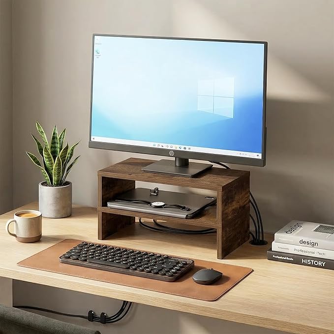Furinno CLASSIC Monitor Stand Riser Set of 2, 15.7" Wide Dual Monitor Riser, Stackable Separable Laptop Stand for Desk, Desktop Organizers and Accessories, for Office Supplier, Amber Pine