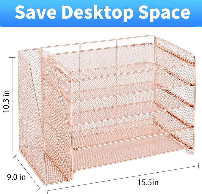 OPNICE Desk Organizer, 5-Tier Paper Organizer Letter Tray with Magazine Holder, Office Desk Accessories & Workspace Organizers, Desktop File Organizer for Office Supplies Storage, Rose Gold