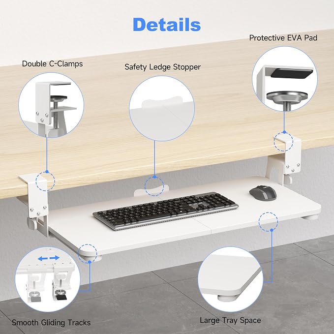 XINLEI Keyboard Tray Under Desk Large C-Clamp 25.6” (30” Including Clamps) x 11.8” Slide-Out Platform Computer Drawer Pull Out Keyboard & Mouse Tray White DSF4W