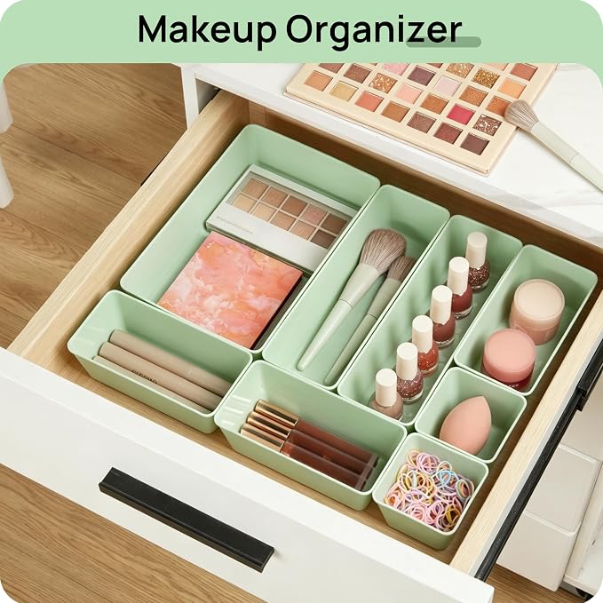 Vtopmart 25 PCS Plastic Drawer Organizers Set, 4-Size Versatile Bathroom and Vanity Drawer Organizer Trays, Storage Bins for Makeup, Bedroom, Kitchen Gadgets Utensils and Office