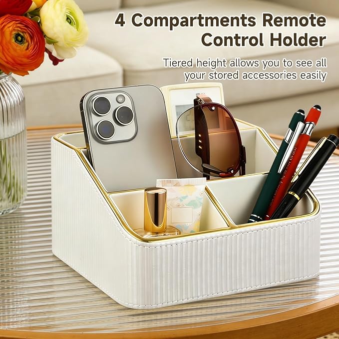 OMISTAR 4 Compartments Remote Control Holder, PU Leather Nightstand Organizer, Tiered Bedside Caddy, Desktop Storage Container for Stationery Office Supplies, Stylish Vanity Tray for Makeup