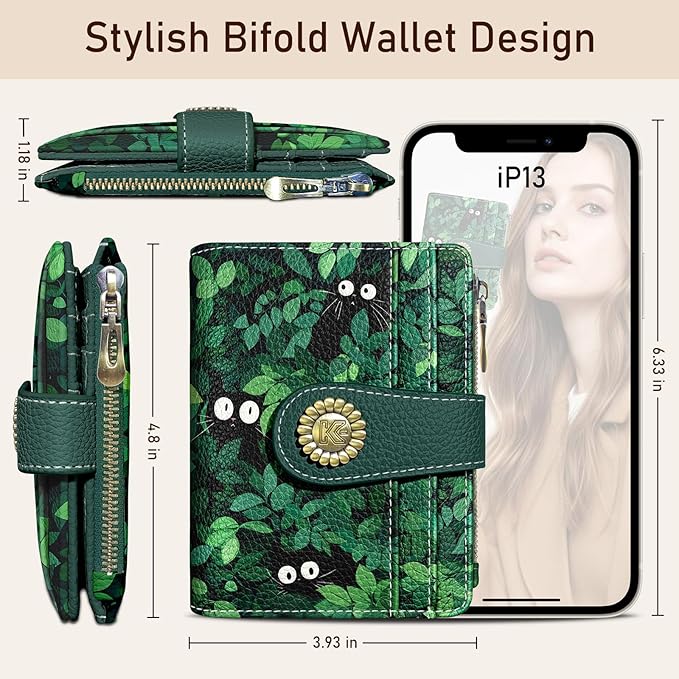 Kelvoris Cute Green Black Cats Grass Small Rfid Women Wallet Bifold Zipper Coin Pocket PU Leather Compact Cash Credit Card Holder Travel Wallet for Female Ladies Teen Girls 1 ID Window 10 Card Slots
