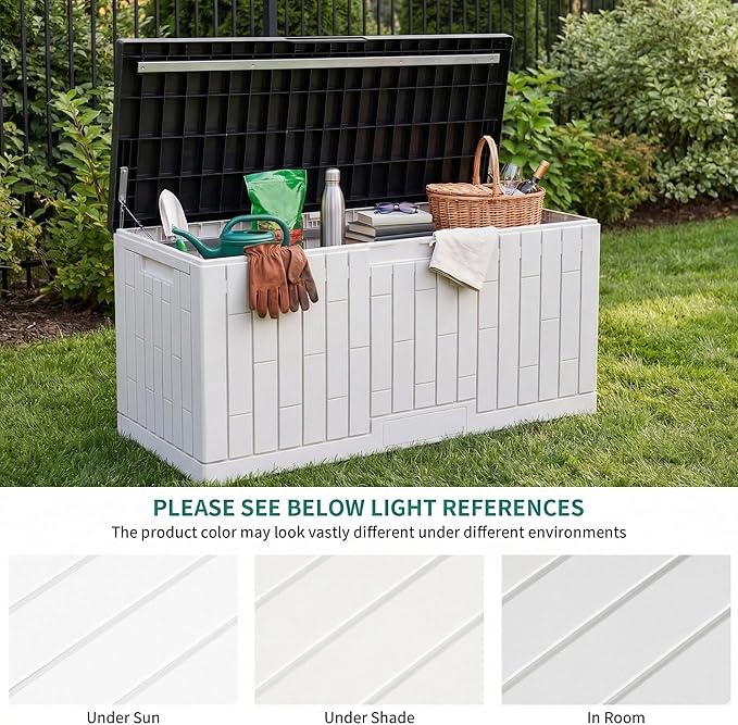 YITAHOME 120 Gallon Outdoor Storage Deck Box, Large Resin Patio Storage with Slide-Locking Black Lid, 2-Person Bench Seat for Outdoor Pillows, Garden Tools & Pool-Supplies, Waterproof, Grayish-White