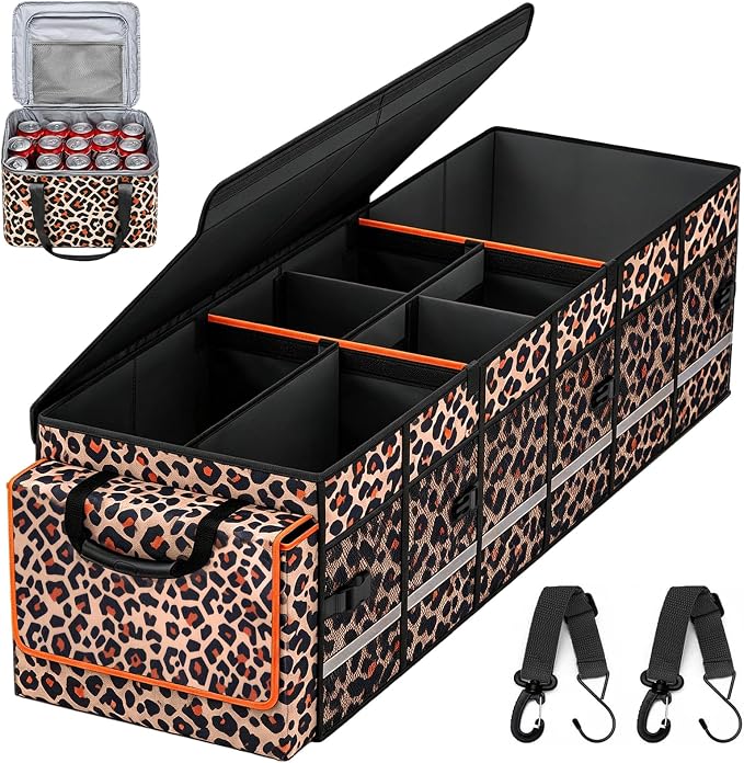GDNasist Car Trunk Organizer and Storage with Lid & Removable Cooler Bag, Car Accessories 6 Removable Dividers for Custom Space, Collapsible Trunk Organizers Interior for SUV & Sedan, Large