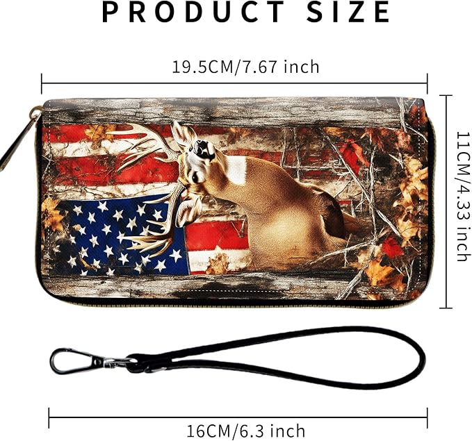 Wallet,Leather Long Wallet Suitable For Ladies And Teenagers - Detachable Wristband + RFID Travel Wallet With Card Slot - American Flag and Deer