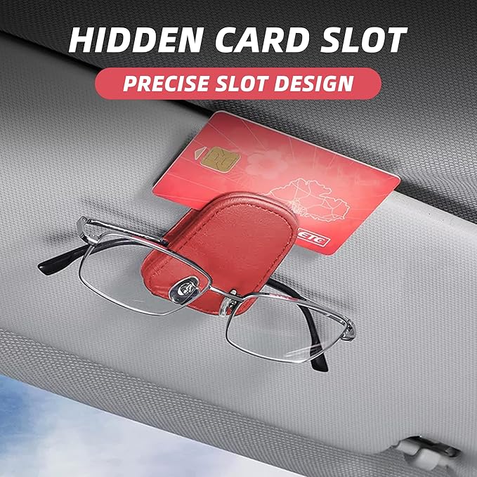2PCS Sunglasses Holders for Car Sun Visor, Leather Eyeglasses Hanger Mounter, Magnetic Glasses Holder and Ticket Card Clip, Universal Auto Interior Accessories (Red, 2PCS)
