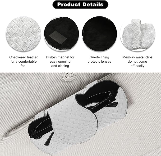 Sunglasses Holder for Car Visor, Auto Soft Leather Glasses Case with Magnetic Clips, Car Sun Visor Eyeglasses Holder Protective Box, Universal Interior Car Accessories (White)