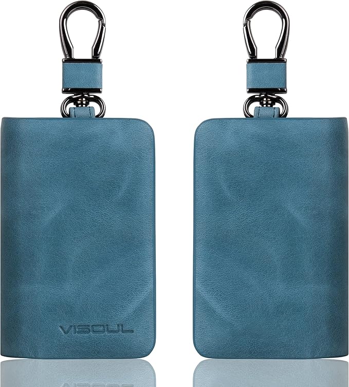 VISOUL Car Key Case Holder Double Zipper, Leather Car Smart Key Fob Case with Keychain for Men and Women