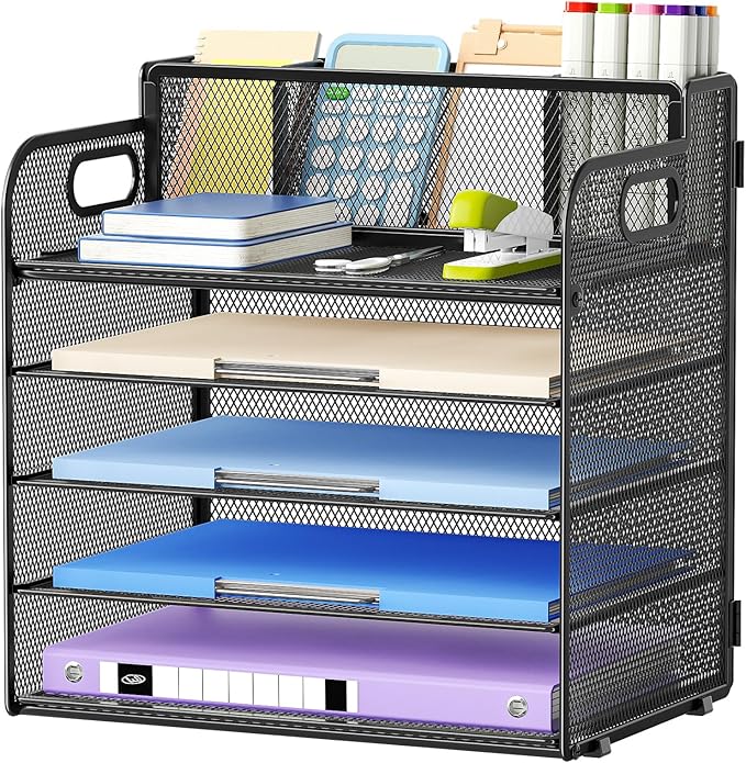 Marbrasse 5 Tier Paper Organizer with 3 Pen Holders, Mesh Desk File Organizers with Handle, Paper Sorter Desk Organizer for Home Office Supplies(Black)