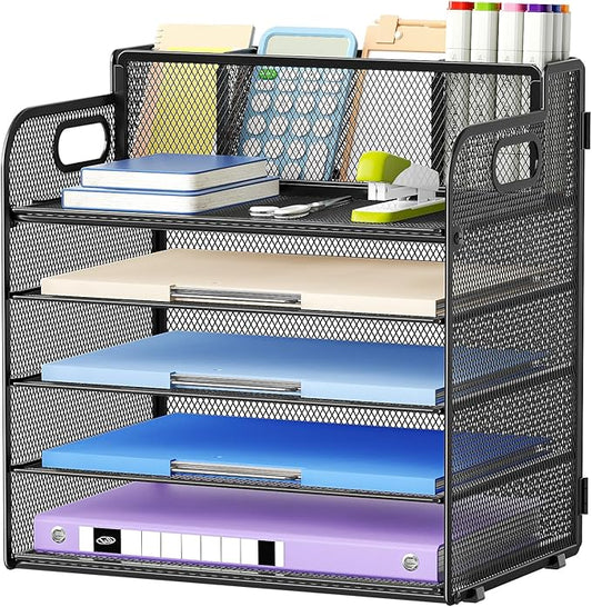 Marbrasse 5 Tier Paper Organizer with 3 Pen Holders, Mesh Desk File Organizers with Handle, Paper Sorter Desk Organizer for Home Office Supplies(Black)