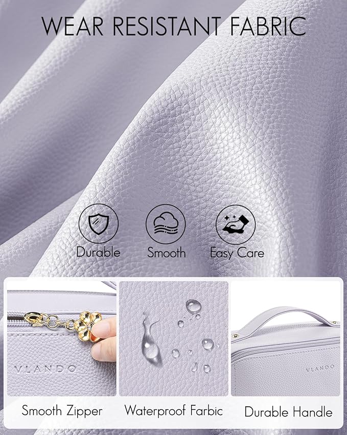 VLANDO Makeup Bag,Travel Toiletry Bag,Cosmetic Bag for Women PU Leather Portable Make up Bag for Skincare, Brushes & Travel Essentials-Purple