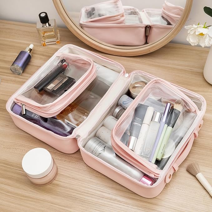 GRANNY SAYS TSA Approved Toiletry Bag, Clear Makeup Bag, Travel Toiletry Bag for Women, Leather Travel Cosmetic Bag, Portable PVC Waterproof Bag, Large Makeup Organizer, Pink