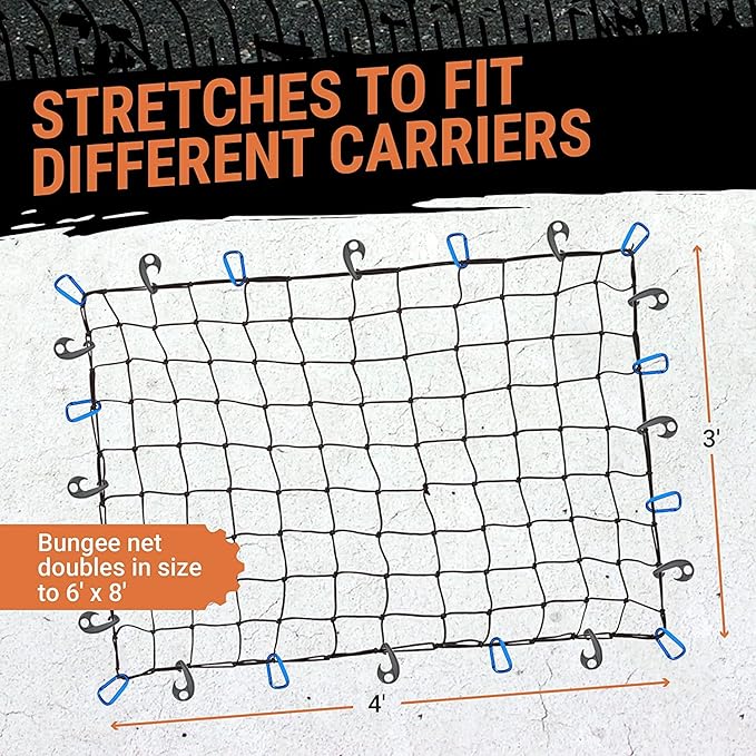 Truck Bed Cargo Net – 3 x 4 Foot, Heavy-Duty Elastic Mesh with 12 Hooks and 12 Blue Clips and Storage Bag for Pickup for Cargo Netting, Securing Loads in Trailers, SUVs & Roof Racks