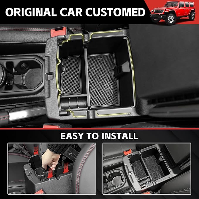 Center Console Organizer Tray Fit for 2018-2025 Jeep Wrangler JL JLU 4XE/Gladiator JT Center Console Armrest Box for Wrangler&Gladiator Accessories(Center Console Armrest Organizer)
