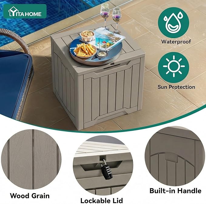 YITAHOME 31 Gallon Outdoor Storage Box, Resin Deck Box and Waterproof Package Delivery Box for Gardening Tools, Pool Supplies, Patio Furniture, Lockable, Taupe