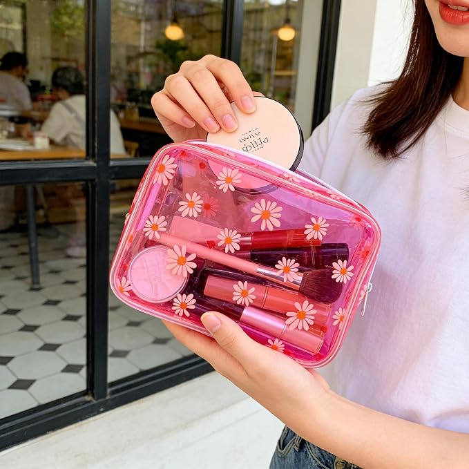 Neon TSA Approved Clear Toiletry Pouch, 7"x2.3"x4.7" Size, PVC Travel Makeup Bags for Toiletries, Transparent Cosmetic Bag for Women and Men Small (Daisy~6PCS)