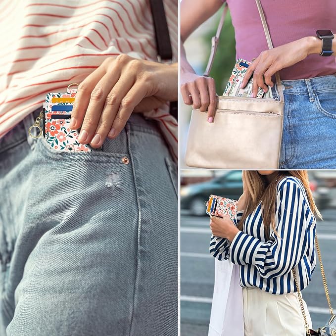 Slim Wallet Credit Card Holder, Orange Floral Print X, RFID Wallet Women Cute Small Front Pocket Wallet With Zipper, PU Leather Thin travel RFID Blocking Card Case ID Window,Ladies Gifts