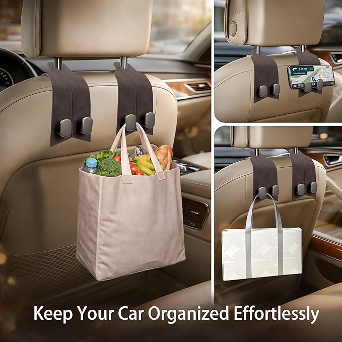 Premium Leather Car Headrest Hooks for Purses, 2 Pack Heavy Duty Car Seat Hooks, 360° Rotatable Back Seat Hanger Organizer, Metal Car Hooks for Bags, Groceries, Handbags (2, Brown)