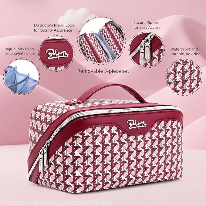 BOYATU Travel Makeup Bag Cosmetic Bags for Women: Large Capacity 3 Pcs Set Make up Bag with Compartments - Waterproof Vegan Leather Toiletry Organizer Bags with Handle (M-78Red)