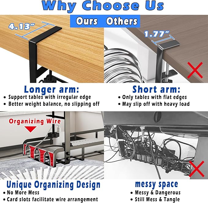 Sleclean Under Desk Cable Management Tray,2 Pack, Upgraded Long Arm Clamp, 16.6"x7.1" No Drill Steel Organizers, Cable Tray with Clamp for Wire Management,Home-No Damage to Desk