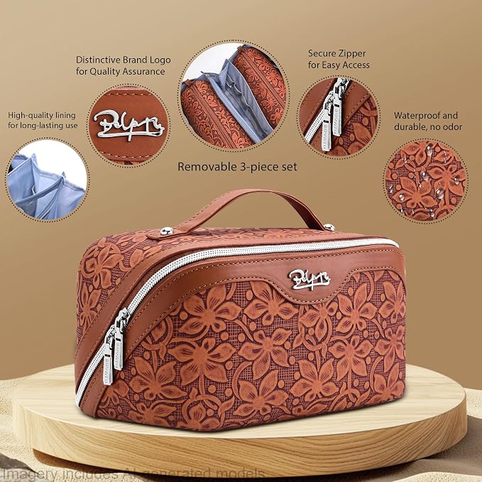 BOYATU Travel Makeup Bag Cosmetic Bags for Women: Large Capacity 3 Pcs Set Make up Bag with Compartments - Waterproof Vegan Leather Toiletry Organizer Bags with Handle (Z-61Brown)