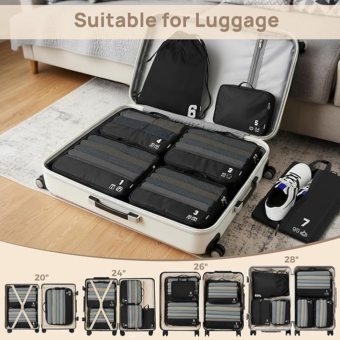 7 Set Compression Packing Cubes Travel Accessories Expandable Packing Organizers (Black)