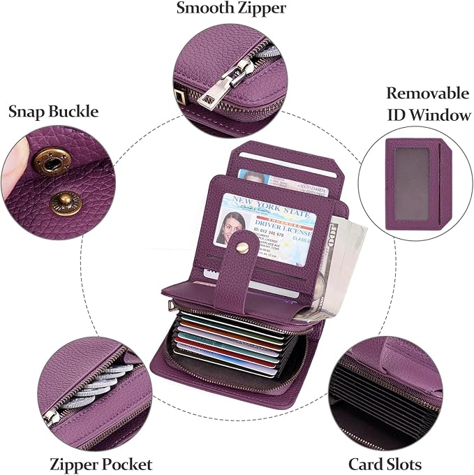 GAEKEAO Small Leather Credit Card Holder Wallets for Women RFID Blocking Bifold Wallet Zipper Pocket with Removable ID Window