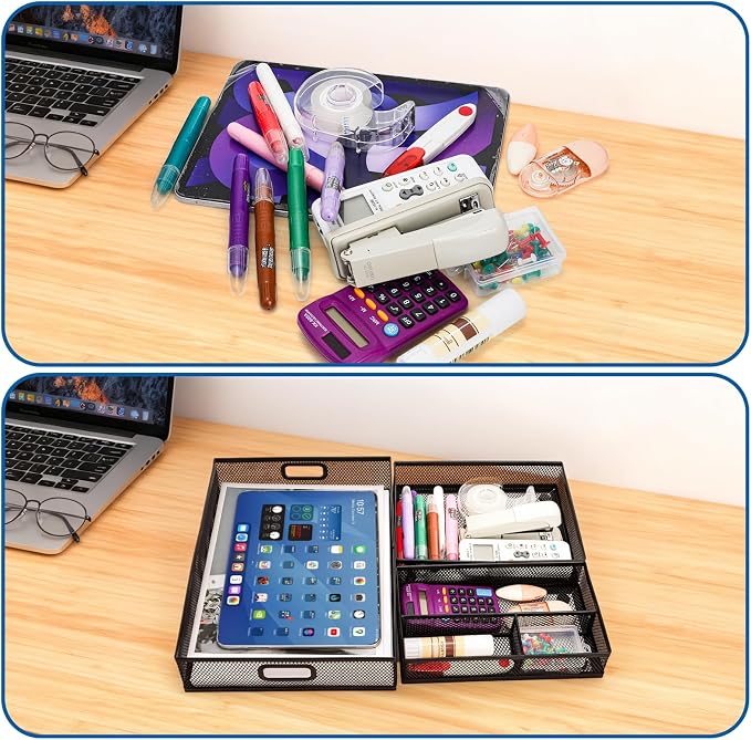 Noamus 3 Pack Office Drawer Organizer, Desk Drawer Divider Tray, Metal Mesh Desktop Basket, 6 Compartments Pen Storage Box for Makeup, Stationery, Office Supplies & Accessories, Kitchen(Black,3 Size)