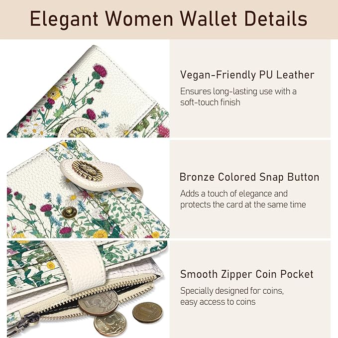 Kelvoris Aesthetic Flower Floral Small Rfid Women Wallet Bifold Zipper Coin Pocket PU Leather Compact Cash Credit Card Holder Travel Wallet for Female Ladies Teen Girls 1 ID Window 10 Card Slots