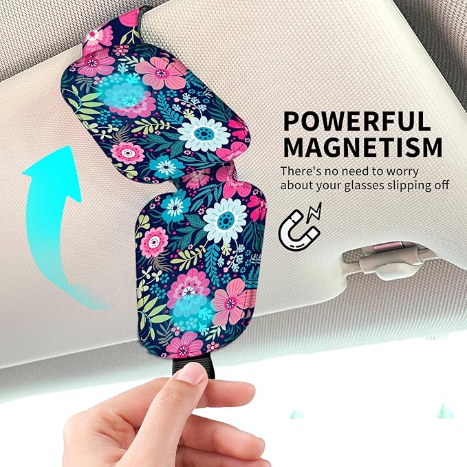 Leather Magnetic Sunglass Holder for Car Sun Visor, Cute Eyeglass Ticket Card Hanger Clip, Universal Auto Interior Accessories for SUV Pickup Truck Navy Floral