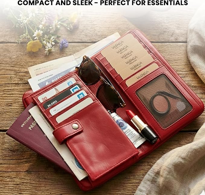 Genuine Leather Wallets for Women, Small Wallet for Ladies Zipper Coin Purse Credit Card Holder with Strap (VL-167-RED)