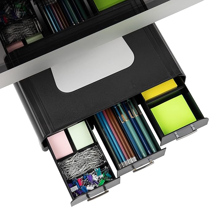 Mind Reader Monitor Stand, 3 Storage Drawers, Desktop Organizer, Riser, Office, 13.5"L x 13"W x 4"H, Set of 2, Black