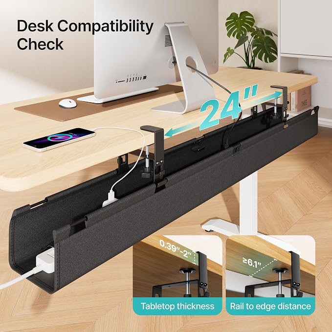 PEGZONE No Drill Under Desk Cable Management Tray, 47.2" Cord Management Under Desk for Table, Clamp Mount Desk Cable Management, Premium Fabric Wire Management Tray for Office, Home, Black