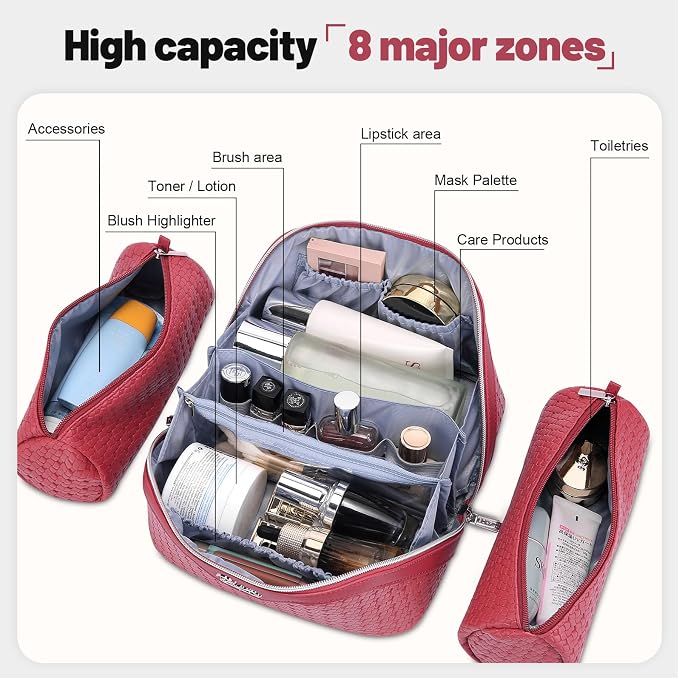 BOYATU Travel Makeup Bag Cosmetic Bags for Women: Large Capacity 3 Pcs Set Make up Bag with Compartments - Waterproof Vegan Leather Toiletry Organizer Bags with Handle (L54Rose)