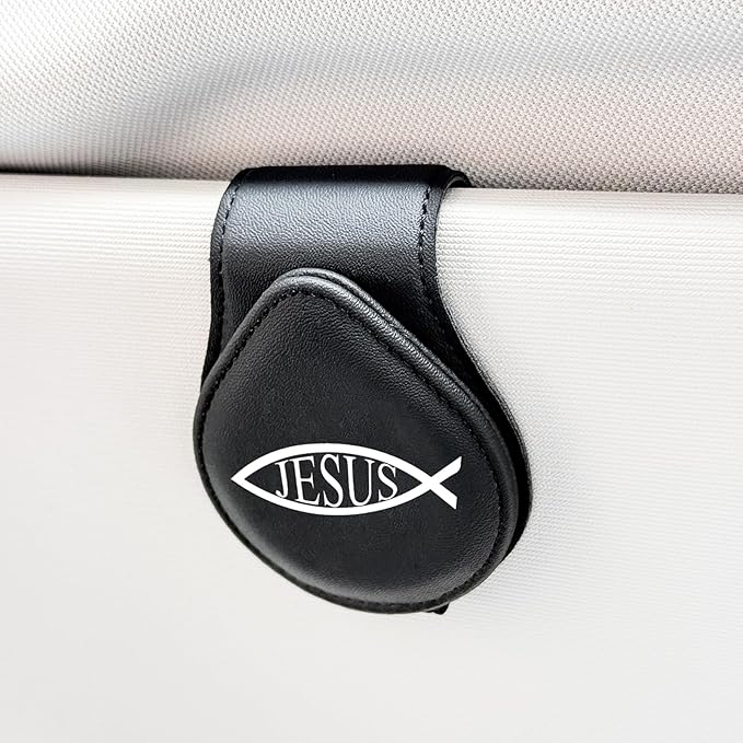 Jesus Fish - Car Sunglass Holder, Magnetic Leather Eyeglass Hanger Mount Clip Holder for Car Visor Accessories