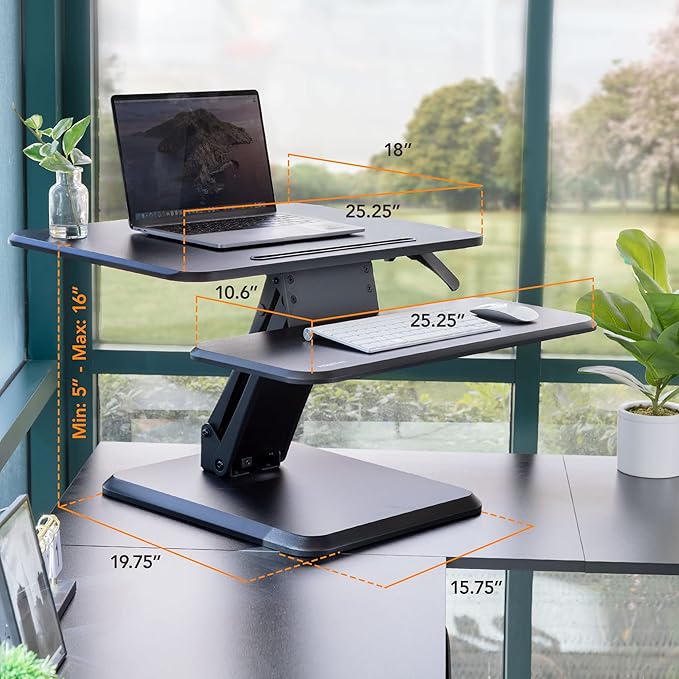 Mount-It! Standing Desk Converter, Compact 25" Sit Stand Desk Riser with Gas Spring Lift, Adjustable Height Desktop Riser for Laptop, Monitor, and Keyboard, Small Home Office Desk Converter
