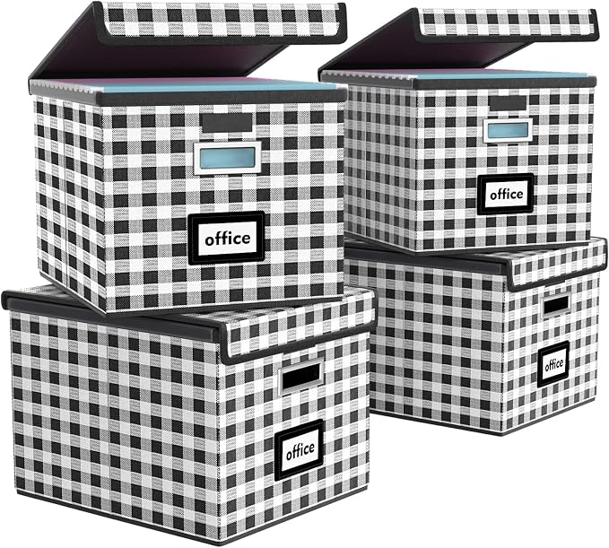 Decorative File Organizer Boxes Office Document Storage with Lids, Linen File Storage Organizer Boxes, Universal Hanging Filing Organization Box for Letter/Legal Folder,Home File Storage Bins