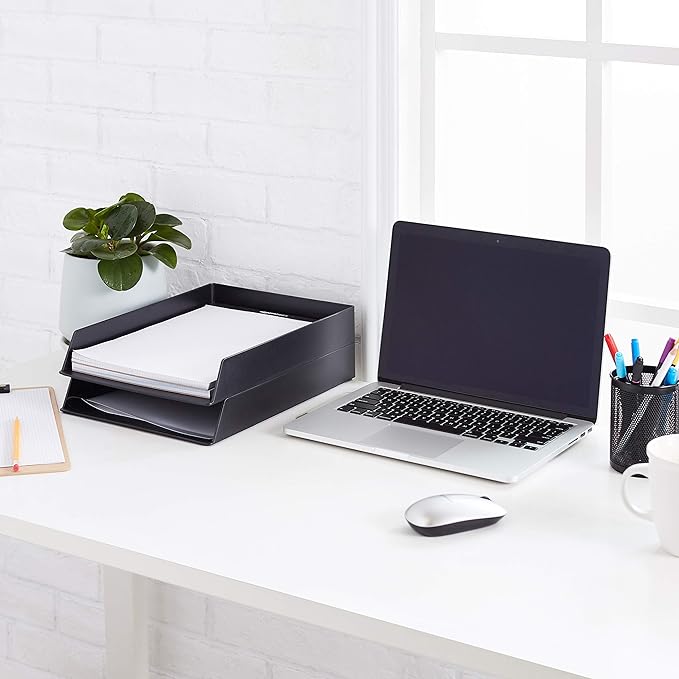 Amazon Basics Rectangular Plastic Desk Organizer, Letter Tray for Documents and Office Supplies, File Storage, Black, 12-Pack