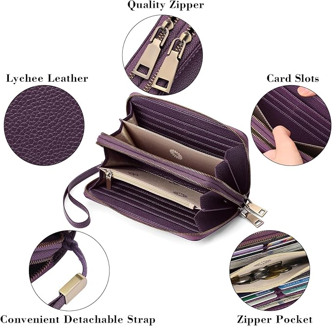 GAEKEAO Wallet for Women Clutch RFID Blocking Wristlet Leather Purse Large Capacity Credit Card Holder with Grip Hand Strap