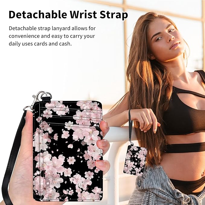 Slim Minimalist Front Pocket Wallet,Credit Card Holder Wallet for Women Men,RFID Blocking Credit Card Holder Case Leather Cute Small Thin Wallet ID Window&Wrist Strap,Pink Flower Black