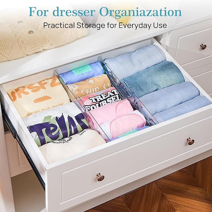 Vtopmart 8 Pack Drawer Dividers for Clothes, 4" High 13"-22" Adjustable Expandable Dresser Drawer Organizer, Clear Plastic Separators for Dresser, Baby Clothing, Underwear, Cosmetic, Toiletries