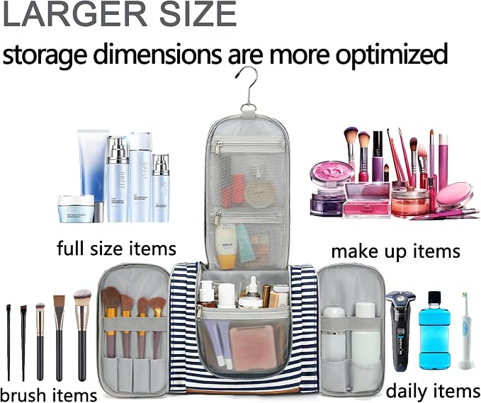 Hanging Travel Toiletry Bag For Women, 4 in 1 Water-Resistant Bule Stripe Canvas Fabric Toiletries Bags, Travel Organizer Bags For Cosmetics, Makeup and Toiletries Organizer Kit