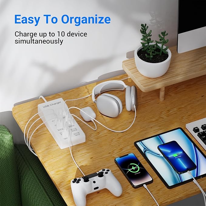 10-Port USB C Charger Block (6 USB-A Port & 4 USB-C Port), 50W10A Multiport Charger Hub for iPhone, Galaxy, iPad & More, 3.3FT