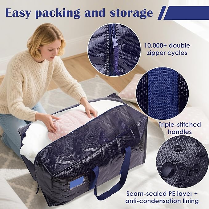 6 Pack Moving Bags Heavy Duty 210GSM with Full-Open Side Zipper, 93L 65lbs Waterproof Foldable Storage Totes for College Dorm Move-In, Moving Boxes Alternative & Home Organization, Blue