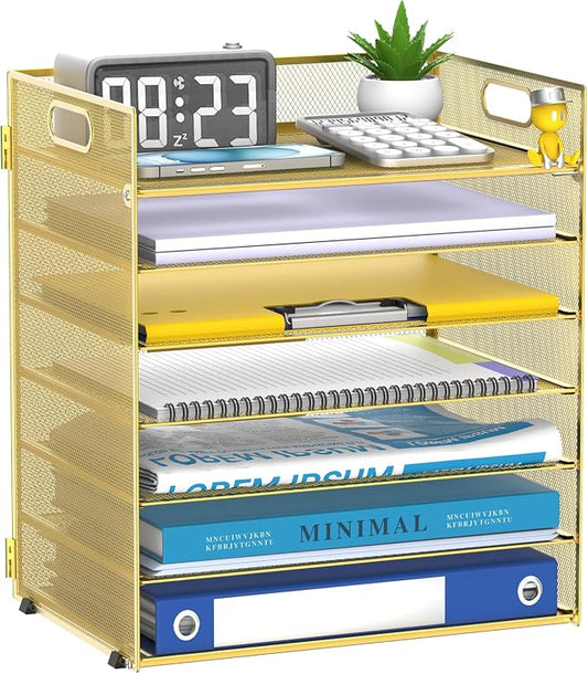 7 Tier Paper Organizer - Mesh Desktop File Holder with Handles for Office School Desk (Gold)