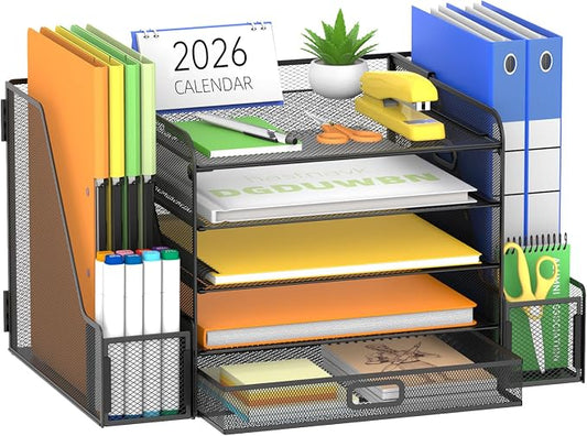 SUPEASY Mesh Desk Organizer with File Holder, 5-Tier Paper Letter Tray Organizer with Magazine Holder, Desktop Organizer and Storage with Drawer for Office Supplies Home or School (Black)