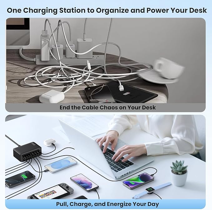 345W USB C Charger 10 in 1 Retractable Wall Charger with 2 Cables,GaN 6 USB C Charging Station Phone Charging PD Laptop Charger Adapter for MacBook Pro/Air,DELL,iPhone17/16/15,Galaxy S24,Android etc